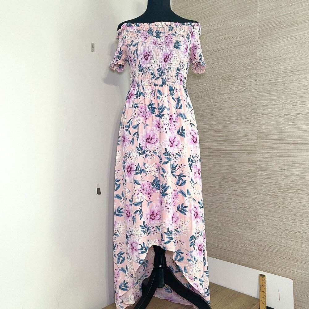 Women's Small Charming Charlie Pink Floral Off The Shoulder High-Low Maxi Dress